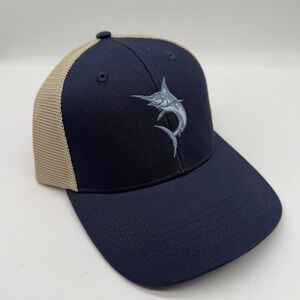 New Life Is Good Outdoor Trucker Hat Marlin Embroidery OS Navy Tan Snapback Mesh